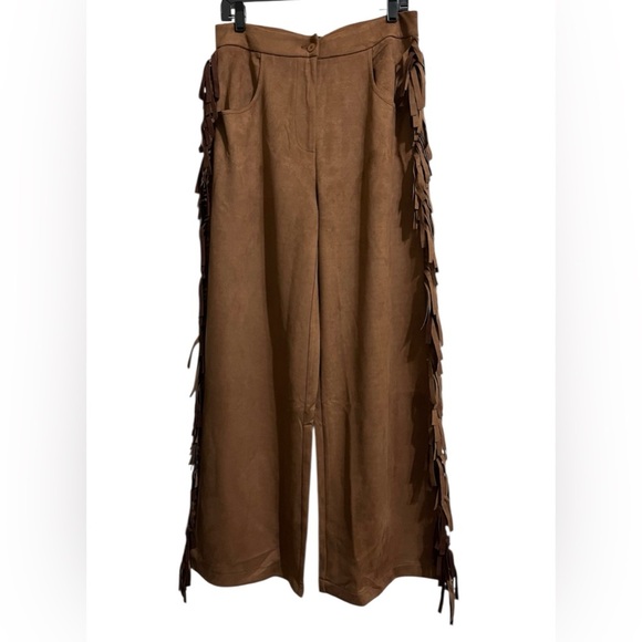 Micas Pants - NWT MICAS Women’s Brown Faux Suede Fringe Wide Leg Pants Size Large Pockets